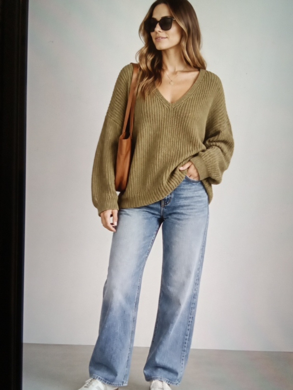 Jenni Kayne Olive Green Organic Cotton Chunky V Neck Sweater Coastal Fall XL
